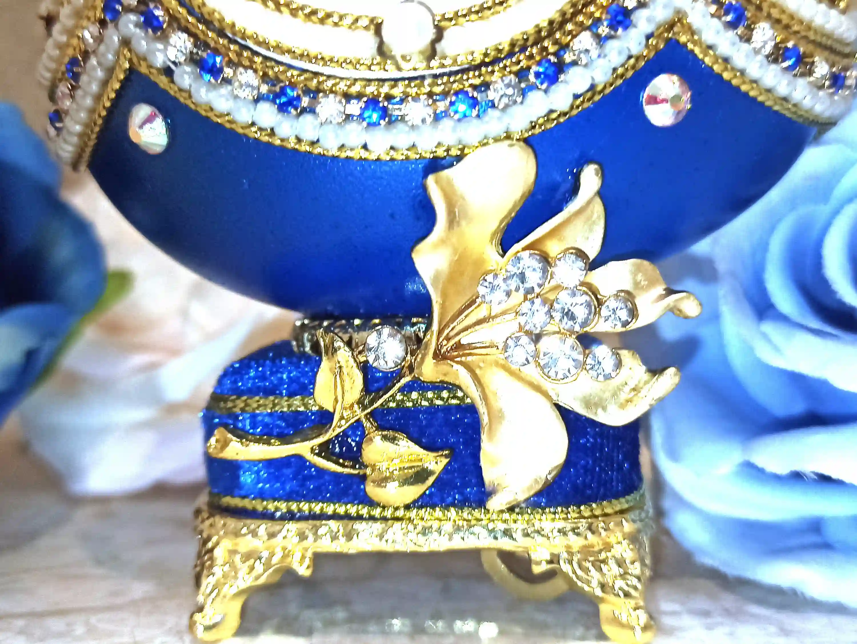 One Only - Blue Faberge Egg Luxury Wedding Gift NATURAL HAND Carved Faberge Egg Style Ring Bearer box for wedding 24k Christmas Gift for her 