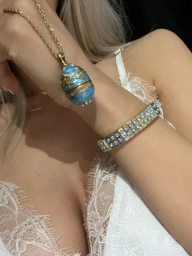 Artisan Handmade Jewelry, Faberge Egg Pendant Necklace & Gold Bracelet Set for Women, Blue Birthday Gifts for Her, Blue Necklace Set, Fabergé.