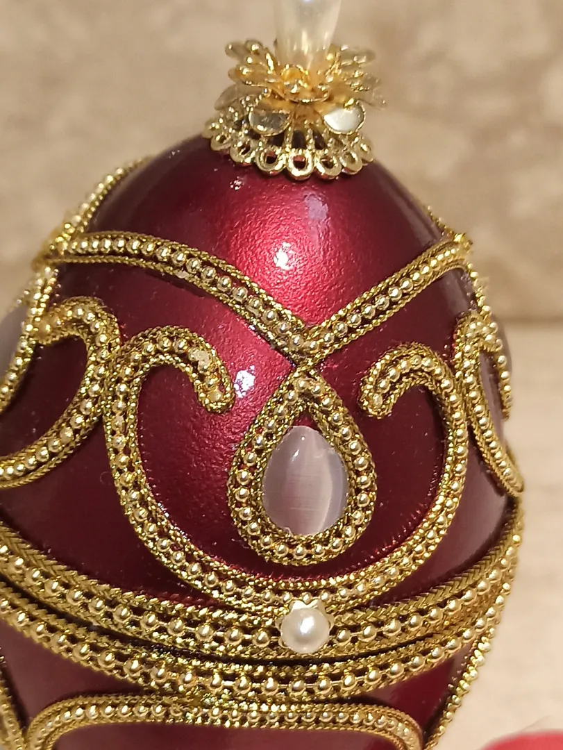 Mother's Day gift from daughter: Red Fabergé egg music box trinket and Fabergé-style egg pendant. Perfect for wife’s birthday, mom gift, sister's anniversary, or as a gift for a wife.