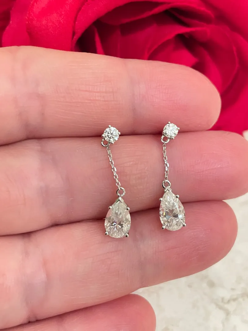2 ctw Diamond Earrings Solid 18k White Gold Tear Drop Earrings Pear Shaped Diamond Dangle Earrings Wedding Earrings Diamond Bridal Jewelry