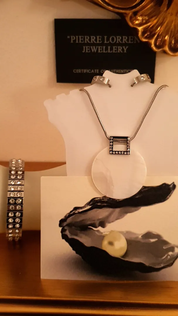 Mother of Pearl necklace, silver bracelet, silver earrings jewelry set for women, hand-set crystal diamond stones, tarnish-free, free shipping.