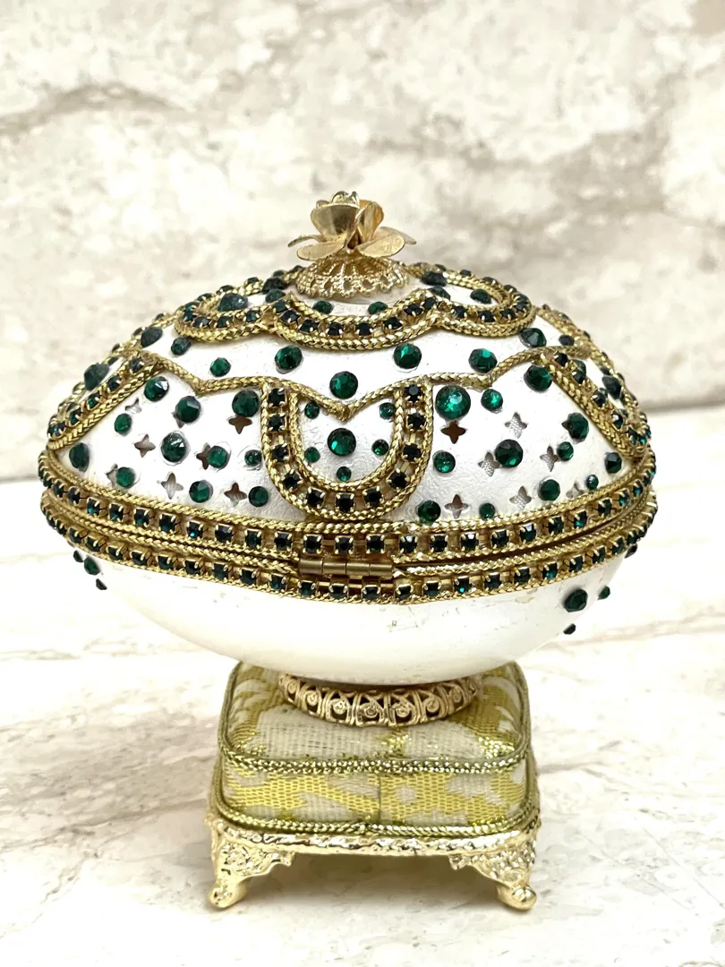 One Of a Kind Fabergé Egg Style Jewelry Box Set Emerald Fabergé Egg Necklace Musical Silk Interior Pure Gold Decor Christmas Gift for Women