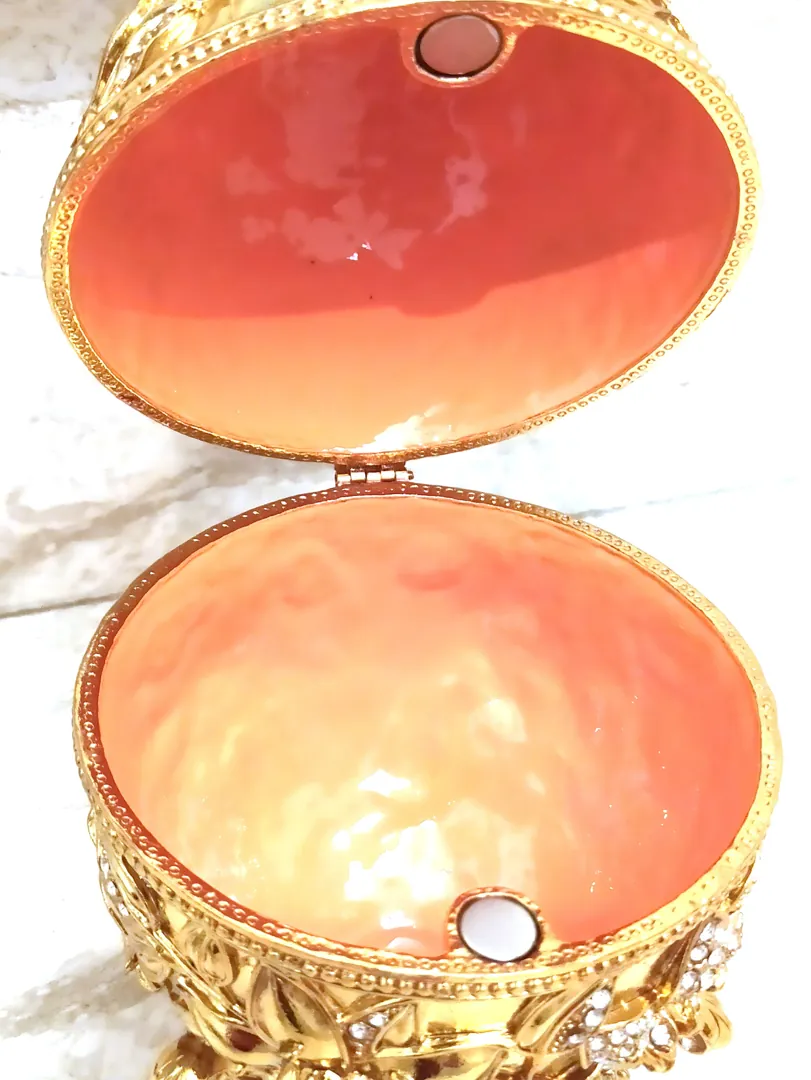 Exquisite Faberge Egg GOLD 24k Fabergé Egg Pendant + Faberge Egg Style Pomegranate + Good Luck Wedding Ring Box 450 Crystal Diamonds Handset