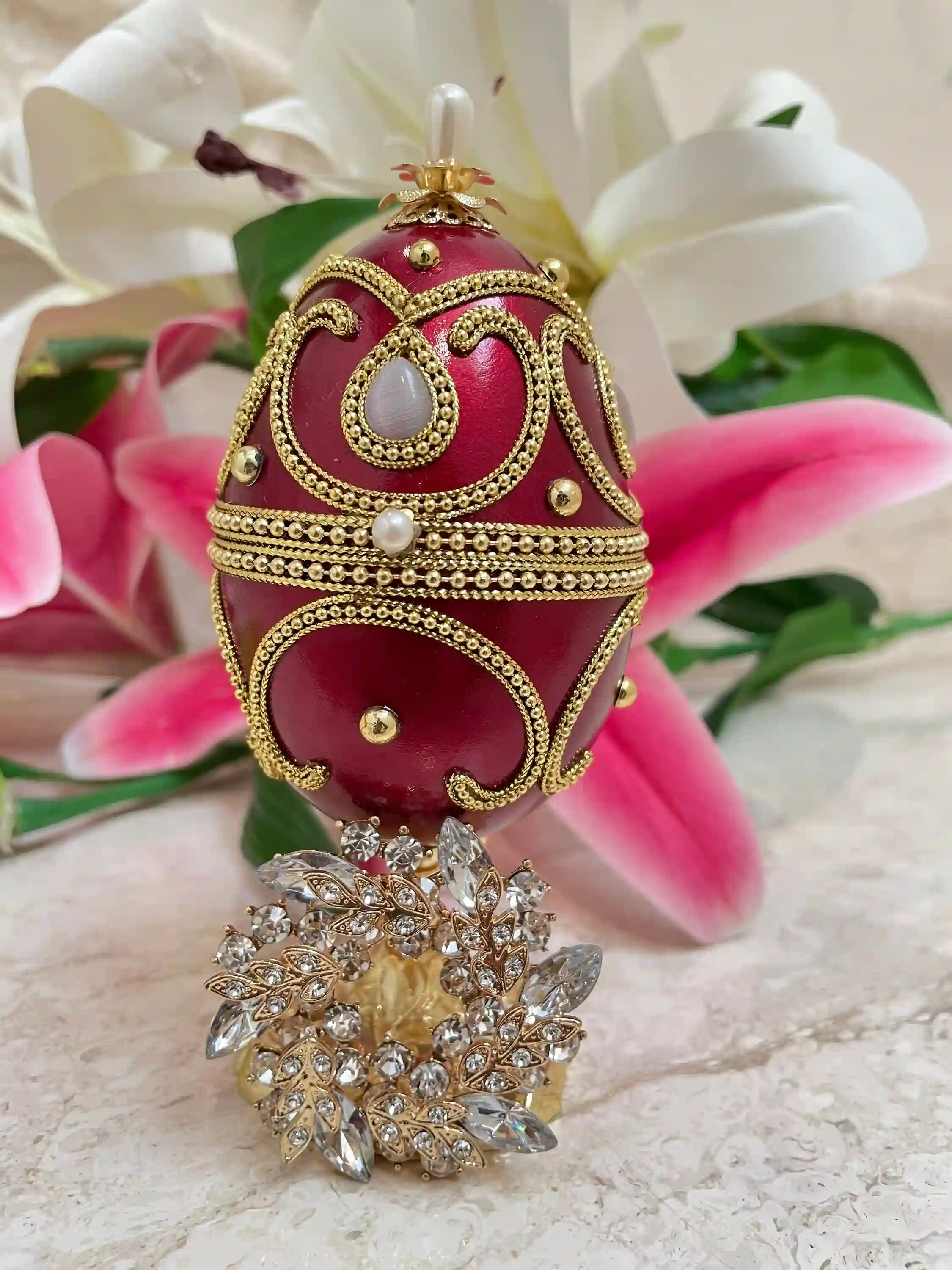 1992 Antique Wreath Faberge style Easter egg Red Faberge Pendant SET One Of A Kind -HANDCARVED Natural Faberge Egg - 24k GOLD - Gift for her 