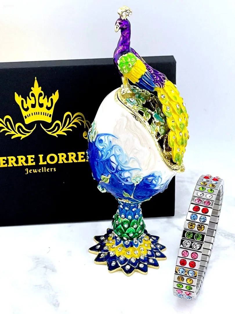 PEACOCK  Imperial Faberge Egg, Russian Faberge style, Swarovski, pure gold decor, 