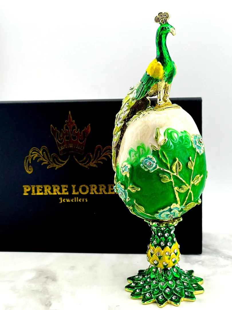 PEACOCK  Designr Green Faberge Easter Eggs in the Russian Faberge style, featuring Swarovski elements and pure gold decoration. This handmade piece makes a perfect graduation luck gift for your daughter by Pierre Lorren.