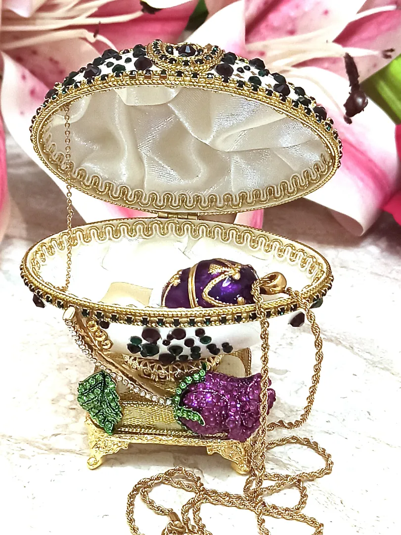 One of a Kind, Fabergé Egg Style Jewelry Box Set, Amethyst, Fabergé Egg, Musical, Fabergé Egg Box & Handmade Bracelet, 24K Gold, Handcarved.