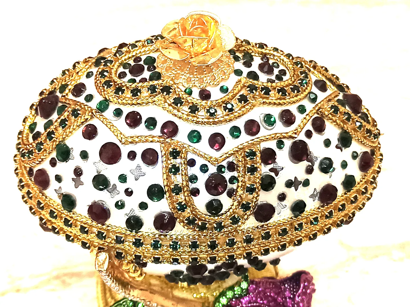 One of a Kind, Fabergé Egg Style Jewelry Box Set, Amethyst, Fabergé Egg, Musical, Fabergé Egg Box & Handmade Bracelet, 24K Gold, Handcarved.