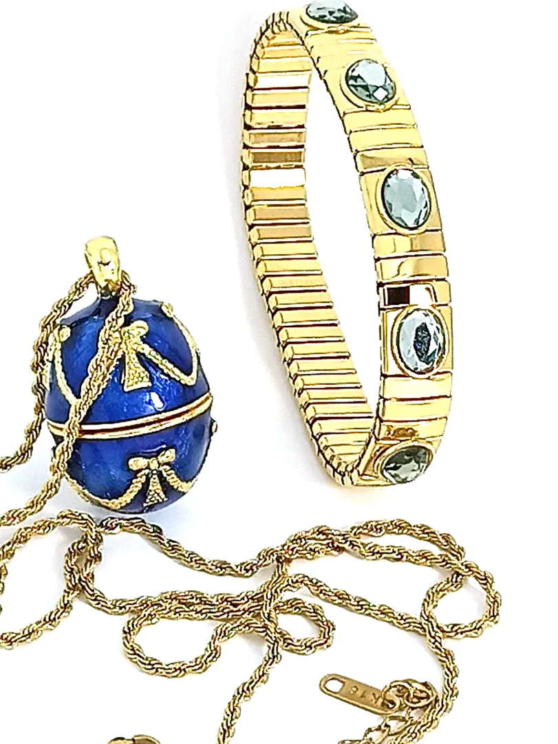 Luxury SAPPHIRE Blue Necklace - 24k GOLD - Guilloché Enamel - Faberge Egg Pendant Necklace Blue - 23.5