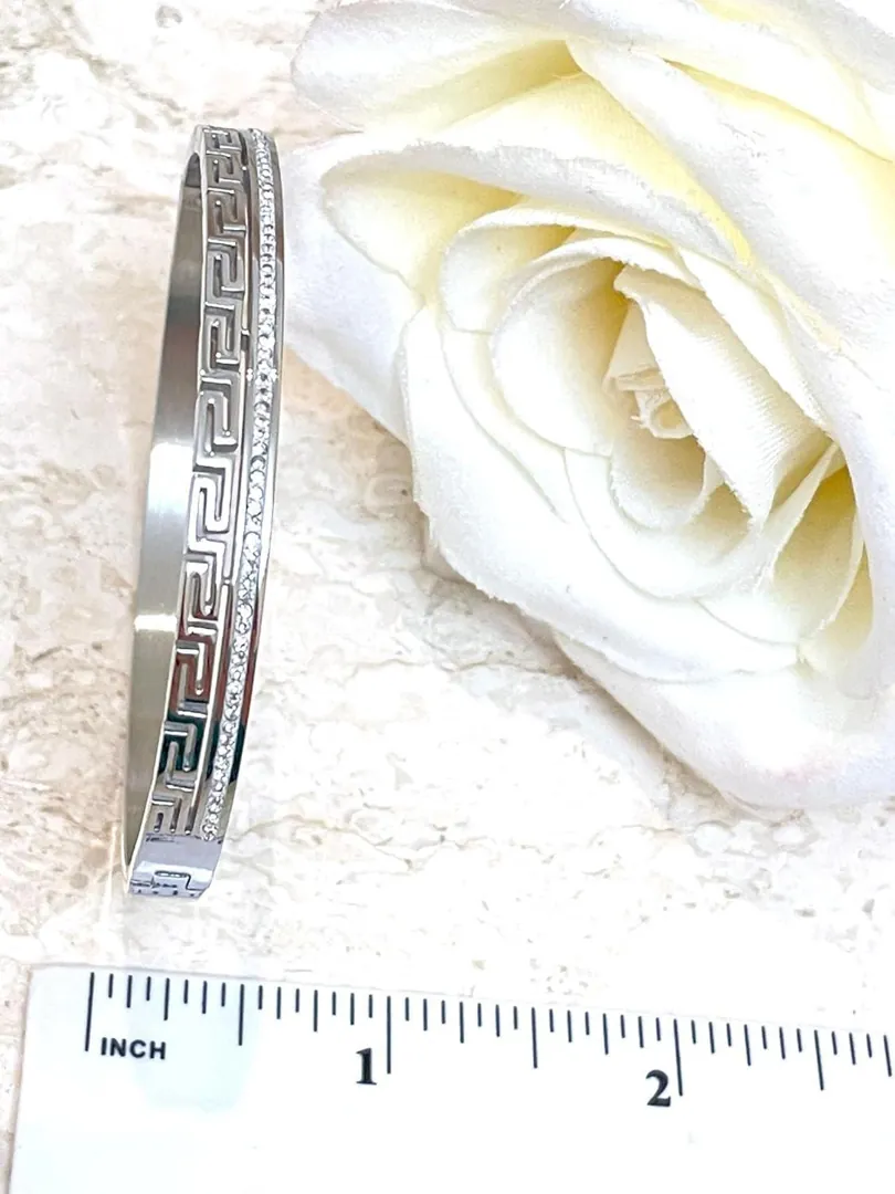 18k White Gold Meander Bracelet, Greek Key Bracelet, Ancient Greek Jewelry Bangle Bracelet, Geometric Bracelet for Women, 58 Swarovski.