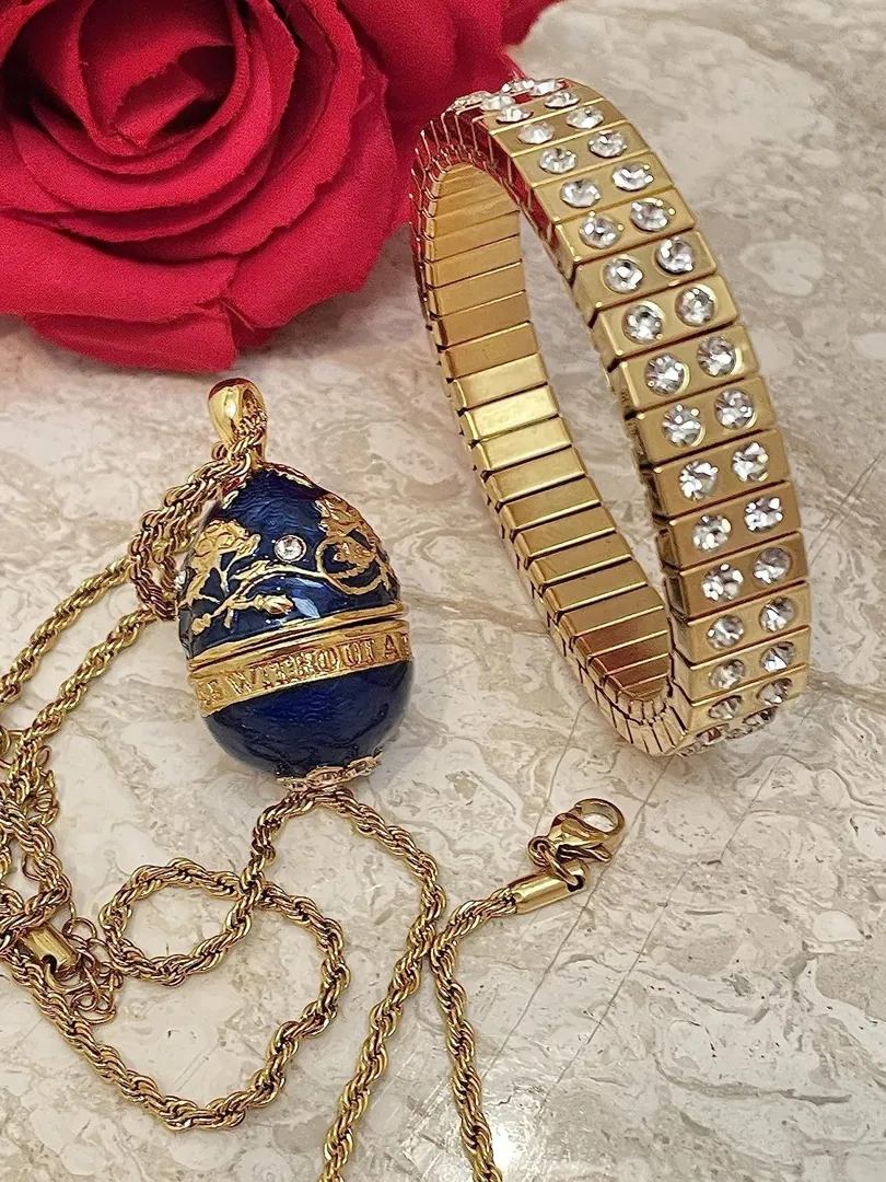 Designer Blue Faberge Egg Necklace, Something Blue Faberge Egg Pendant Gift for Her, 114 Austrian Crystal Handmade Sapphire Necklace and Bracelet.