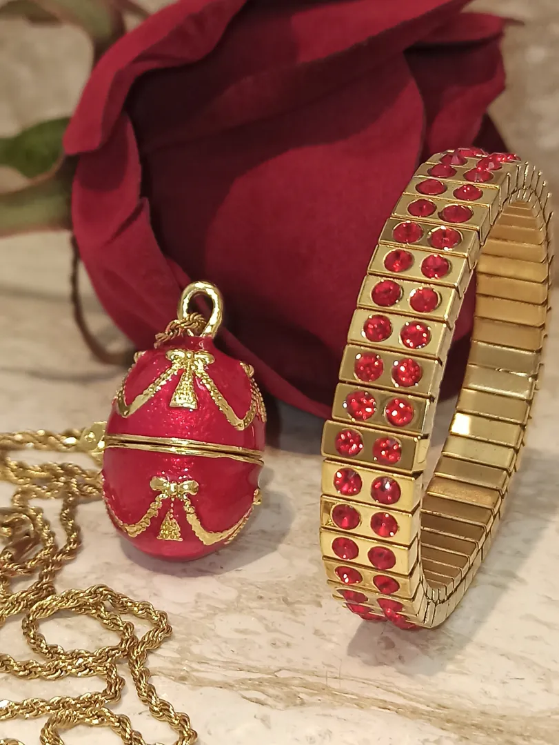 RUBY, Red Jewelry Bridal SET, 24K GOLD Ruby Bracelet & Faberge egg Pendant + Gold Pearl Tiara, Fiance gift, Wedding Party Red Jewelry, 2ct