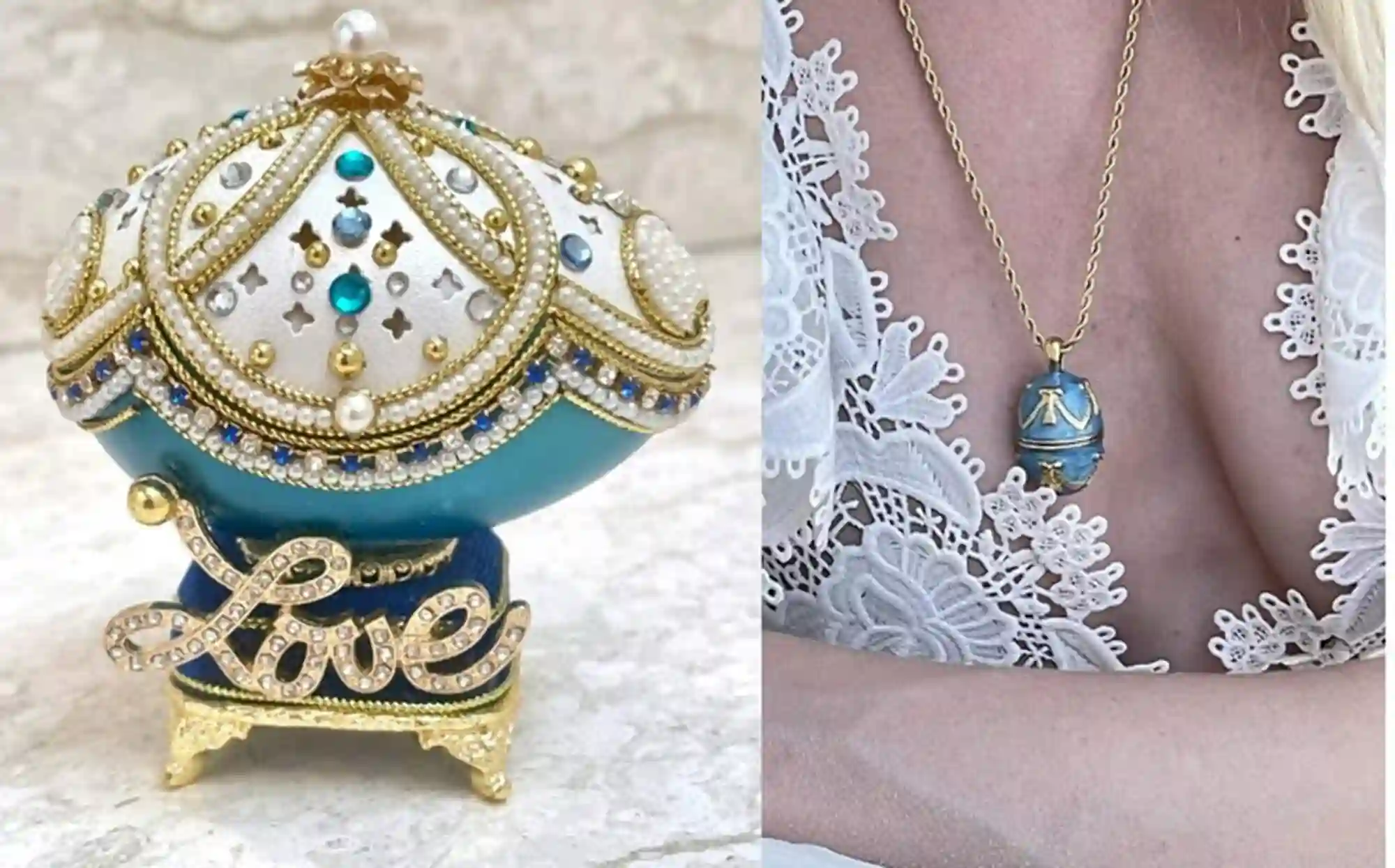 1999 One OfA Kind Faberge egg Blue Trinket & Necklace for Mom 25 year Wedding Anniversary gift for Her 25th Birthday gift for Daughter LOVE 