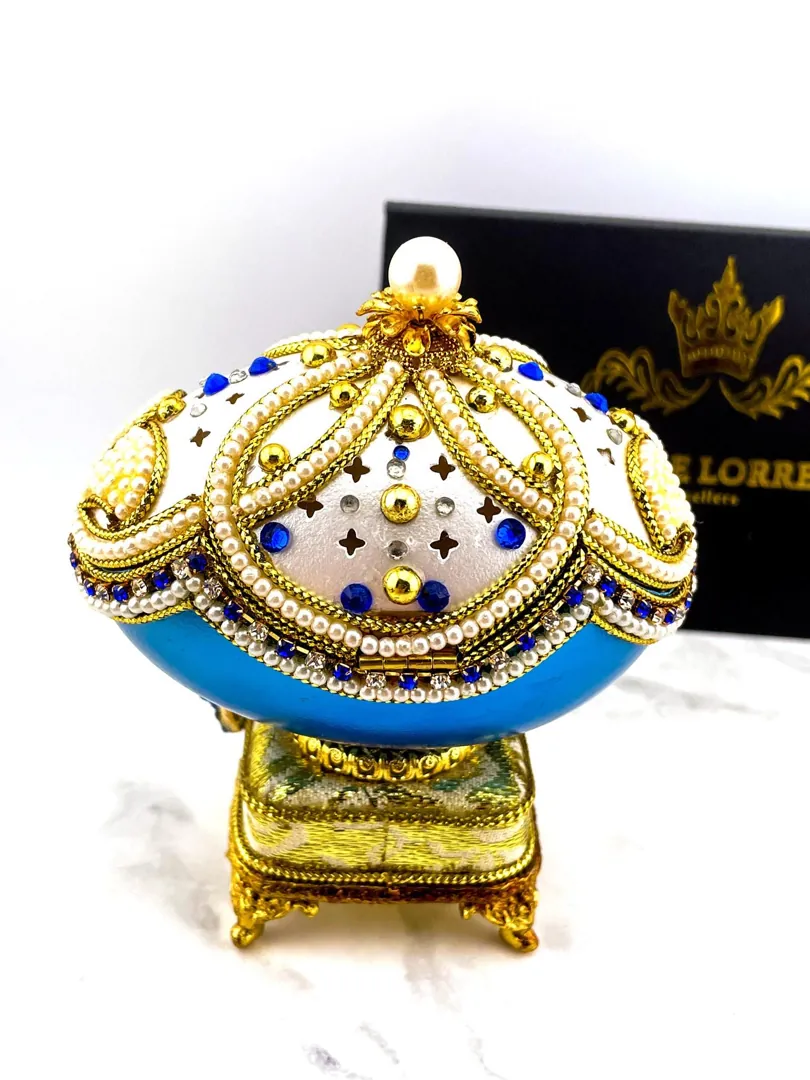 1985 Blue Antique Faberge Egg, Faberge Musical Egg, Collector's Item, Faberge Style Easter Egg, 40th Birthday Gift, Faberge Necklace Set, Gift for Her.