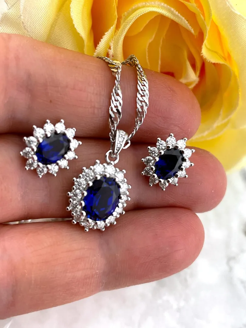 Antique Lady Diana Spencer Fabergé egg style Natural Sapphire Diamond Pendant Earrings Set Fabergé Easter Gift for Mother Princess of Wales