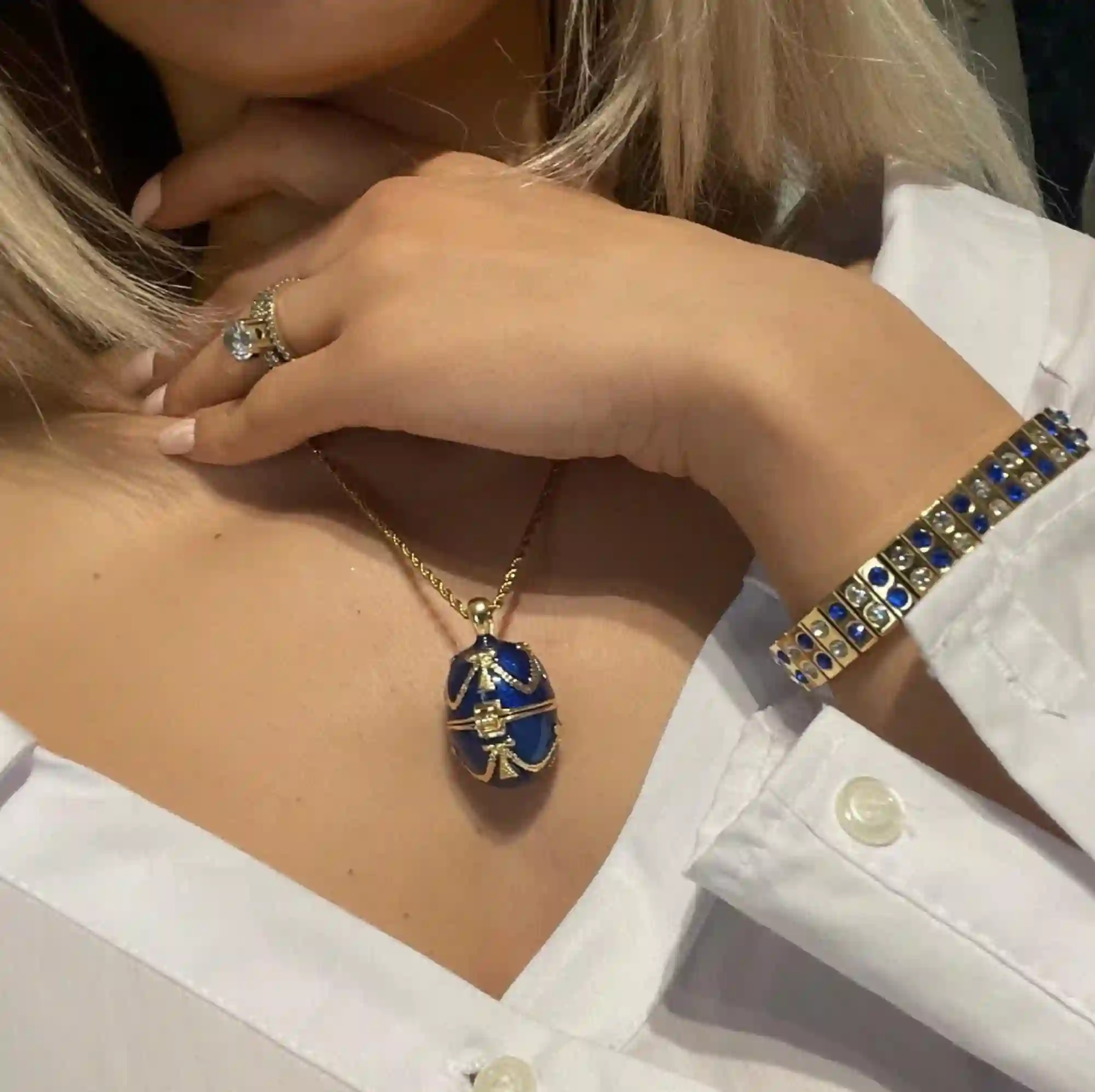 FABERGE Egg Pendant Bracelet Necklace SET Something Blue Jewelry for wedding gift Bride Bridesmaid jewellery HANDMADE 24kGold bracelet 2ct 