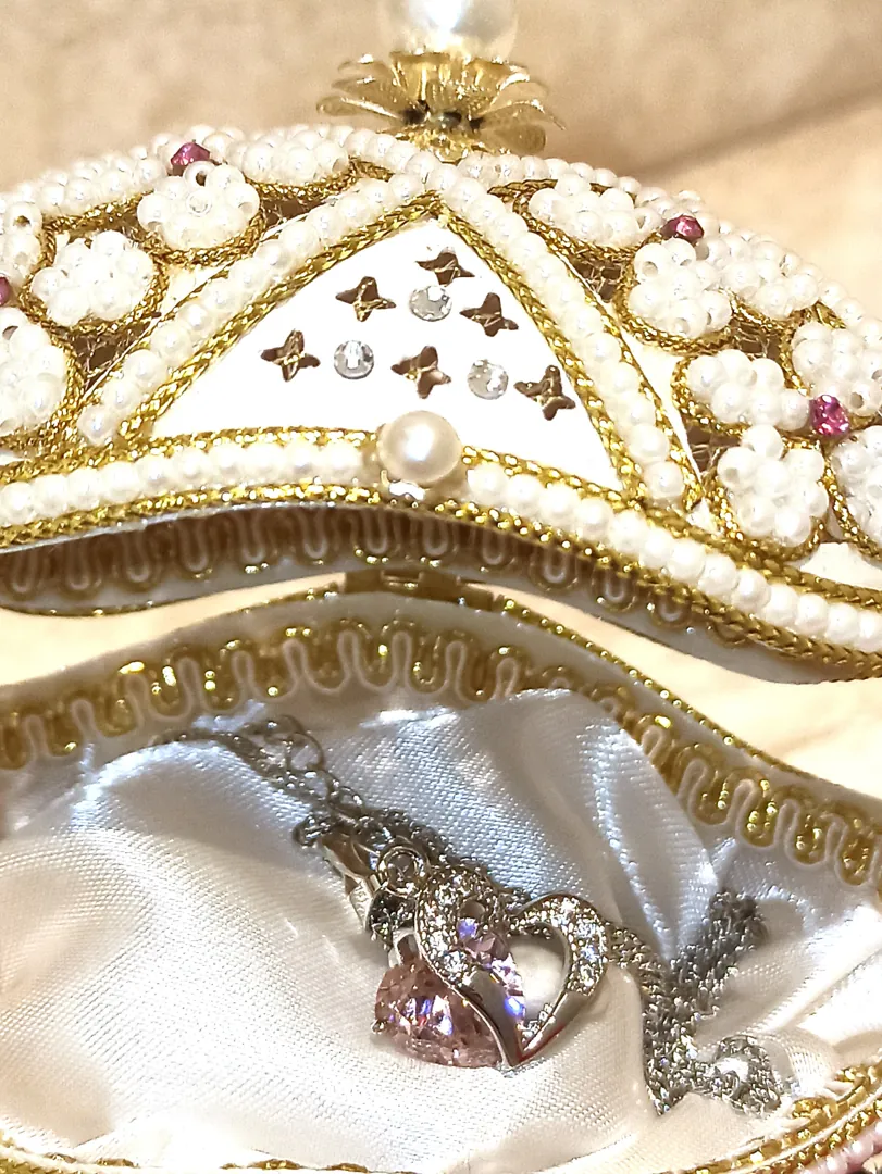 Sweet Birthday Gift for Her: Pink Faberge Egg Musical Jewelry Box, Faberge Pendant Heart Necklace, Silver Bracelet, Pink Topaz Fabergé Egg Set.