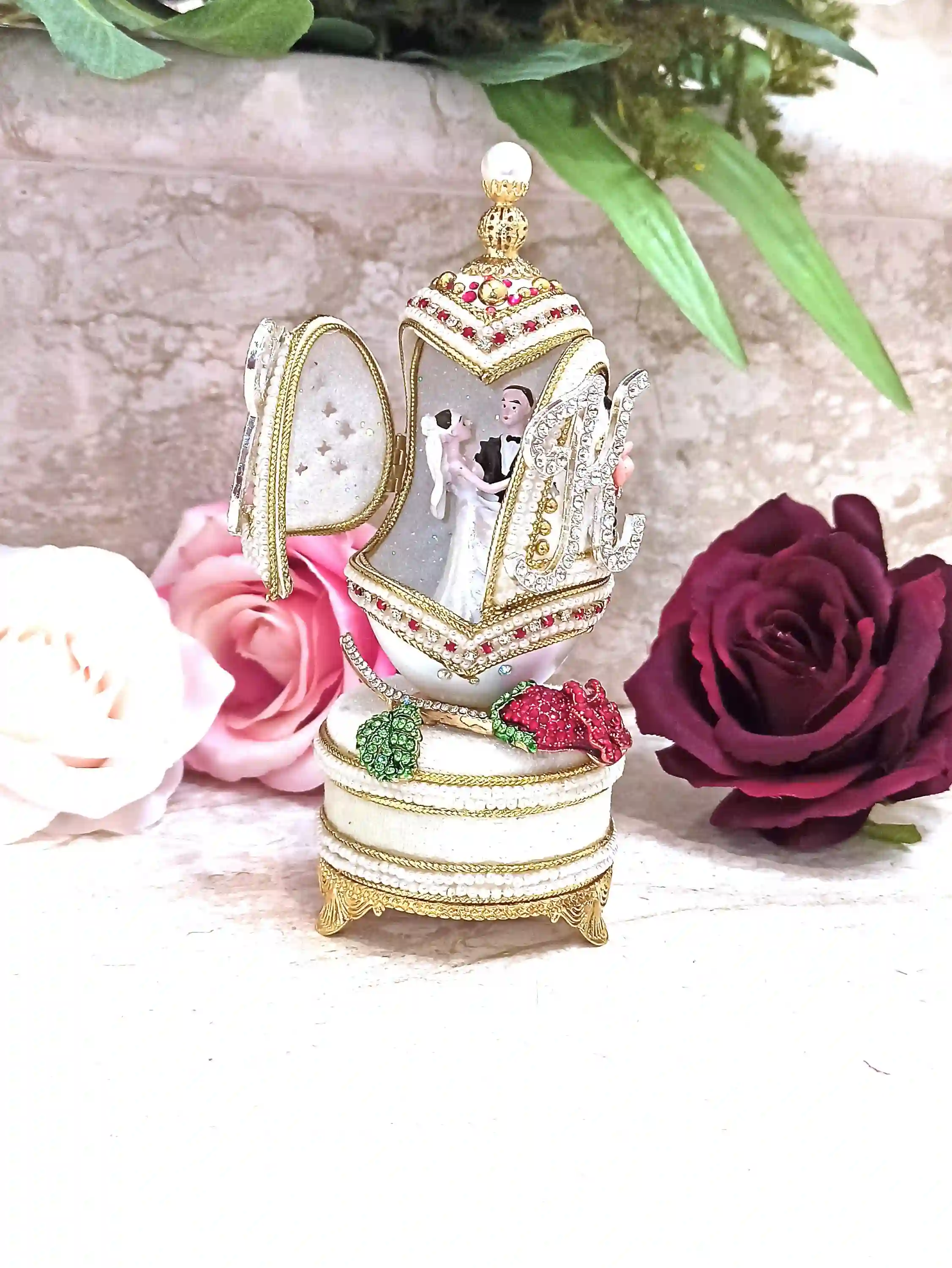 Luxury Wedding Gift, Faberge egg style Personalized, 24k GOLD, Ruby Anniversary, 5ct, Faberge Music Box, Wedding ornament, HANDCARVE,Faberge 