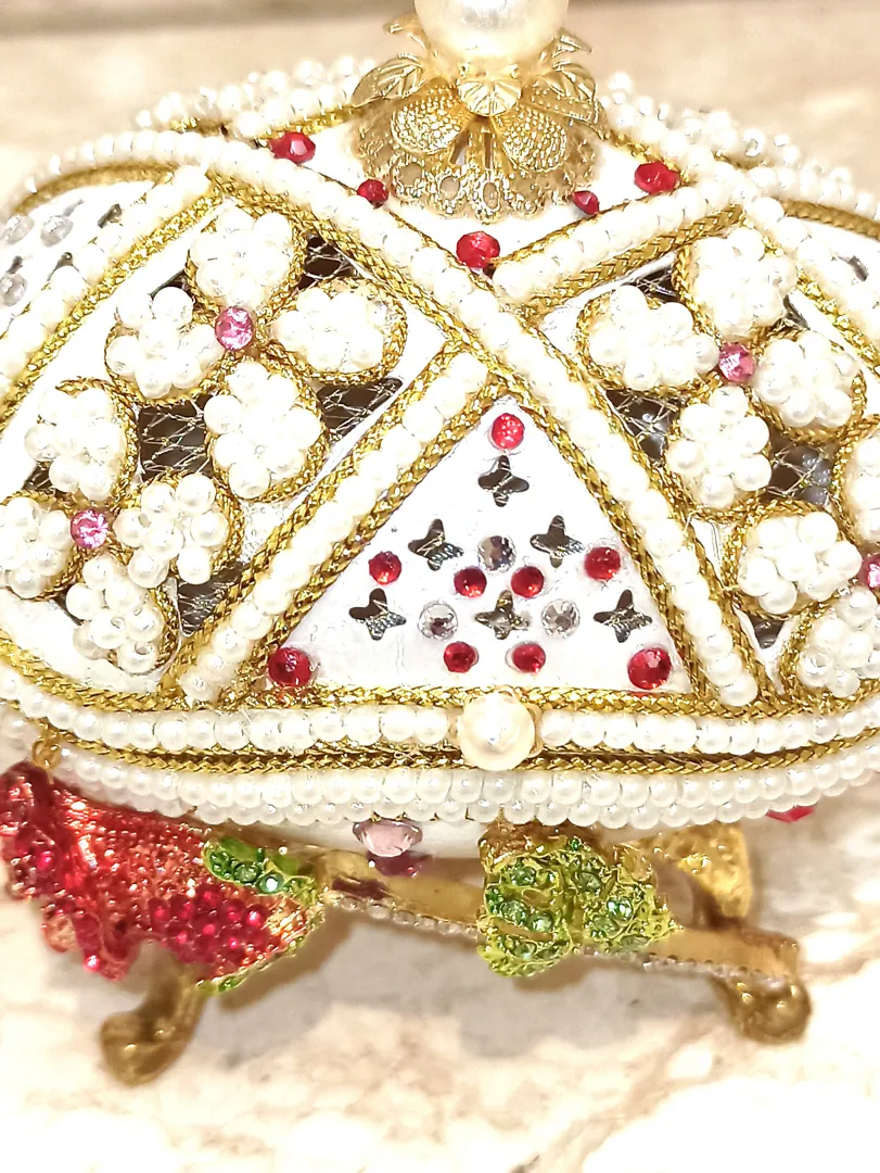 One of a Kind Faberge Egg 24k Gold Musical Jewelry Box + Sterling Silver Ruby Heart + Bracelet Handcarved Fabergé Egg Style Christmas Gift.