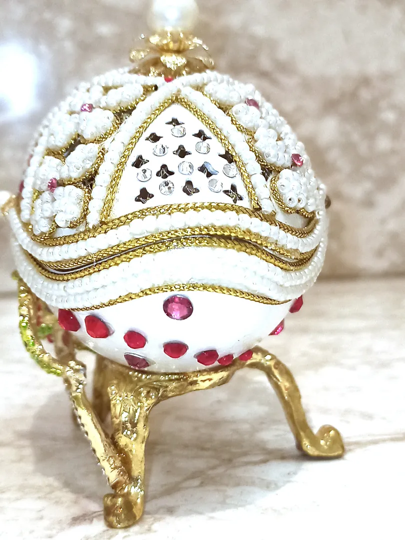 One of a Kind Faberge Egg 24k Gold Musical Jewelry Box + Sterling Silver Ruby Heart + Bracelet Handcarved Fabergé Egg Style Christmas Gift.