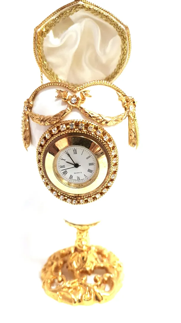 1996 Faberge Antique Clock, Faberge Egg Wedding Ring Box, Engagement Proposal Ring Box, 24k Gold Art Deco Fabergé Style, 25th Anniversary Gift.