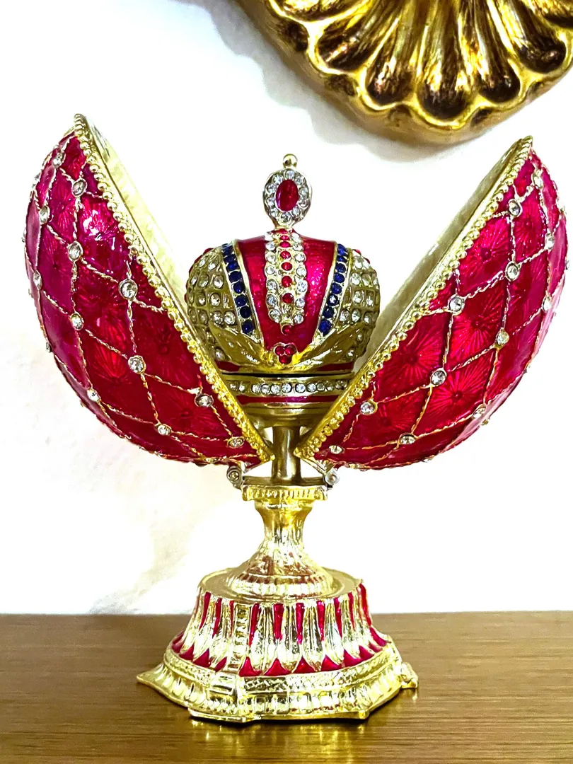 Ruby Gold Faberge Box Imperial Crown Hideaway Trinket Fabergé Egg 333 Austrian Crystal Diamond PLUS Gold Bracelet Birthday Gift for Her