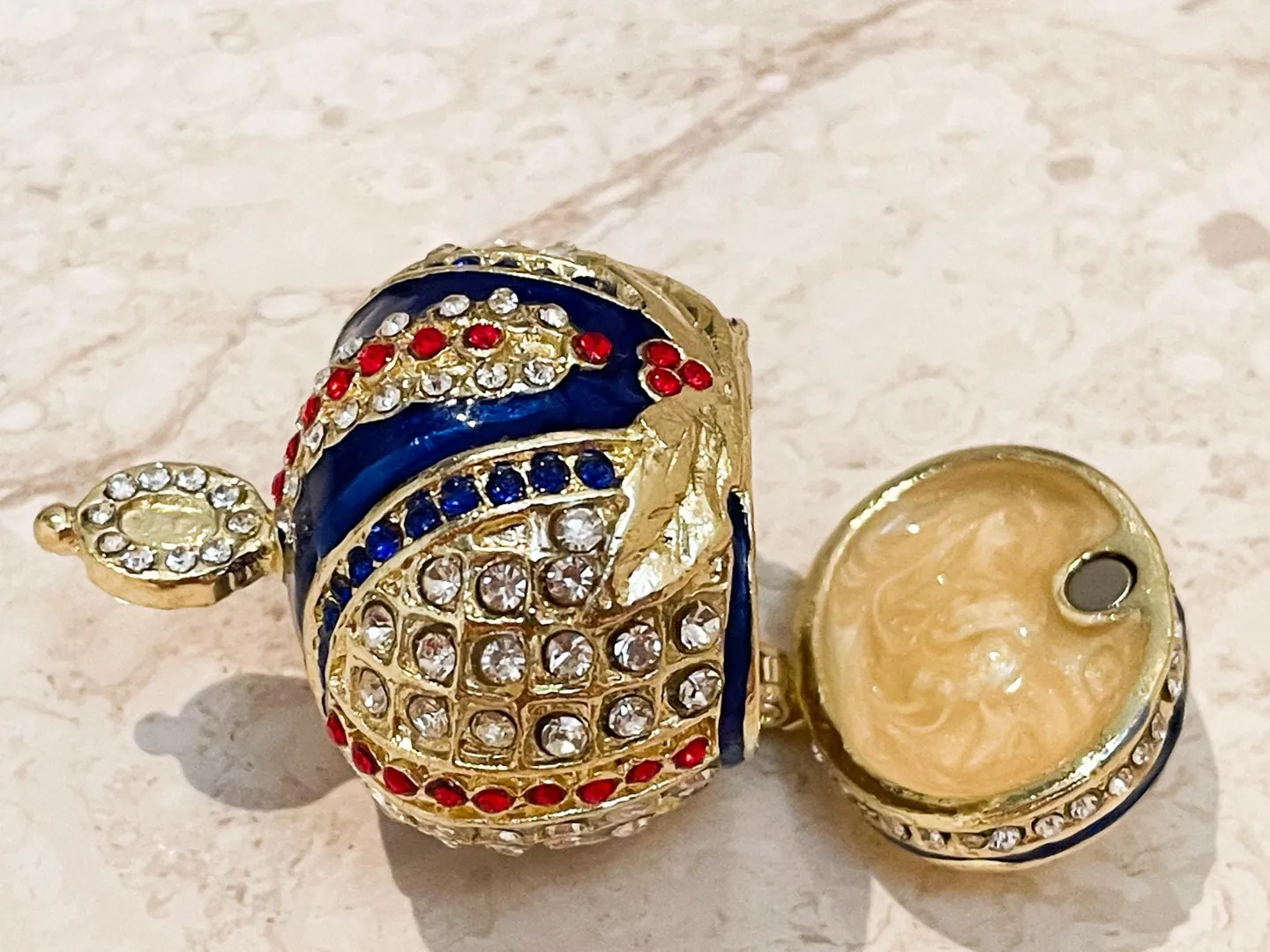 Sapphire Gold Faberge Box Imperial Crown Hideaway Trinket Fabergé Egg 333 Austrian Crystal Diamond plus Gold Bracelet Birthday Gift for Her