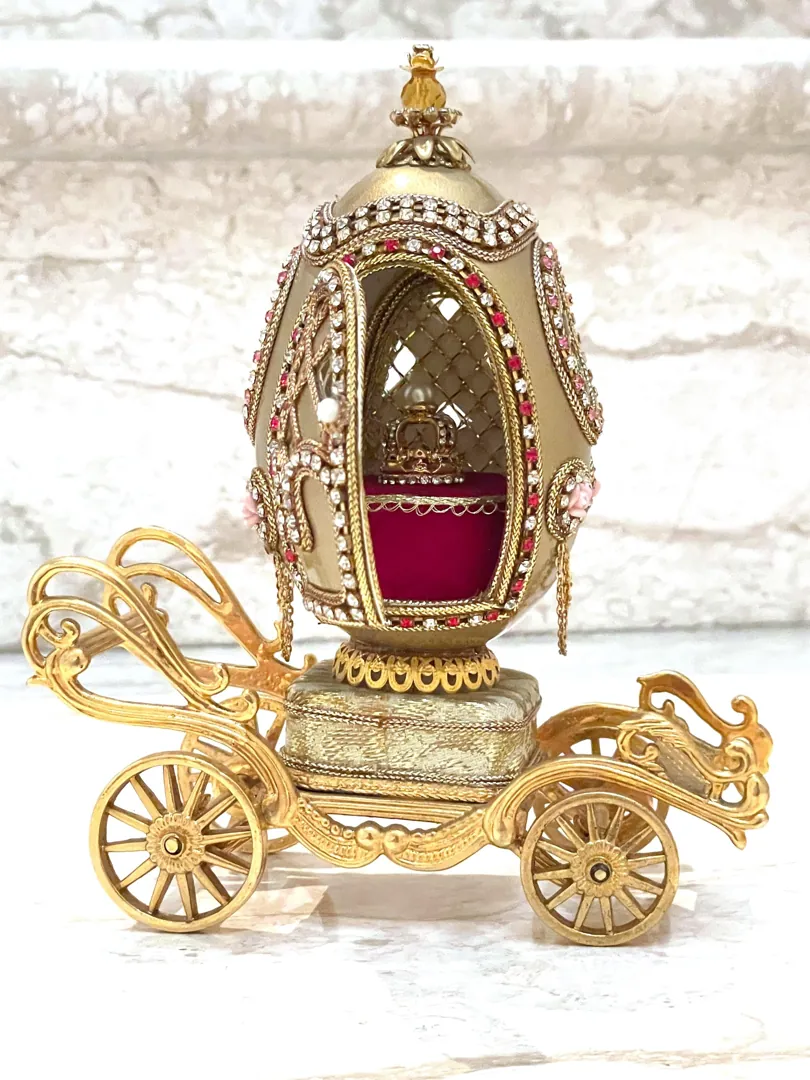 One Of A Kind 1975 Gold Fabergé Egg Style Real Carved Egg Collectors Egg Fabergé Egg Royal Crown Carriage Wedding Proposal Pure Gold Decor