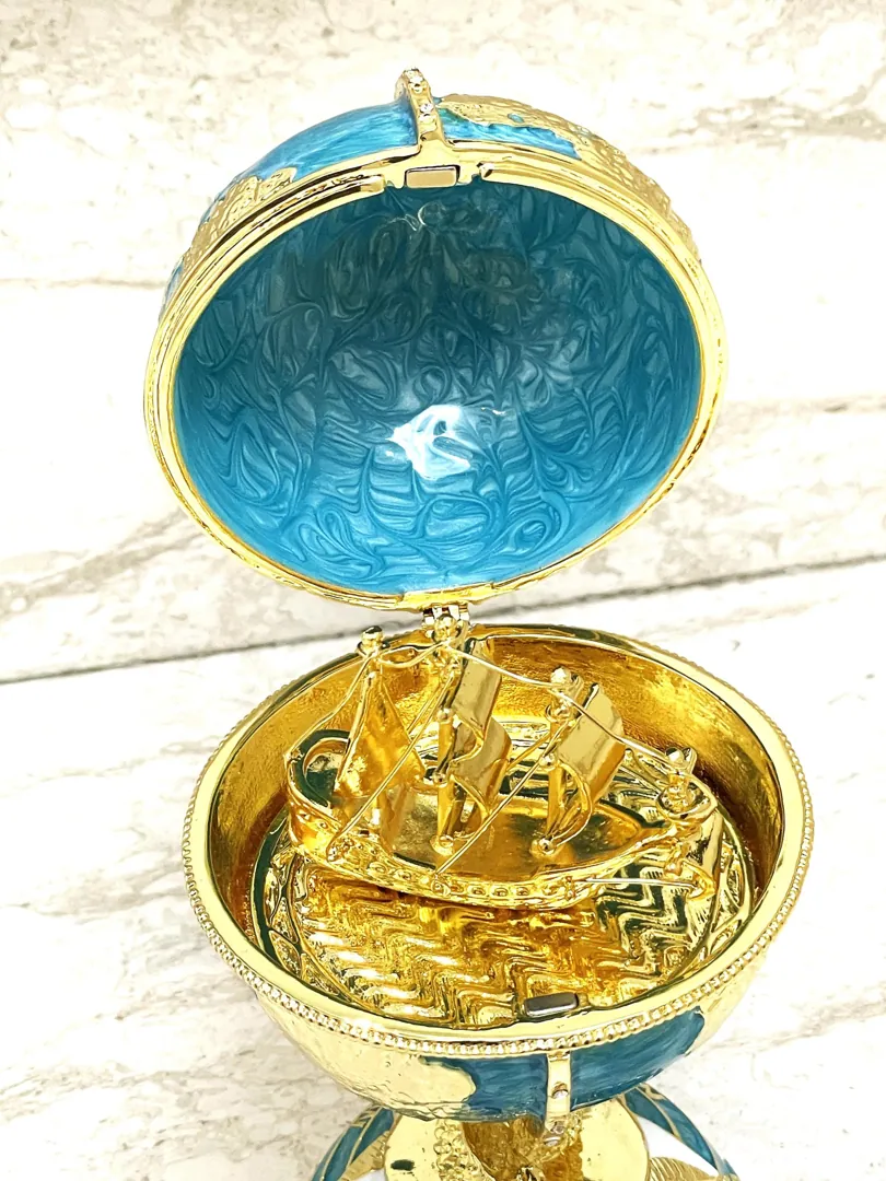 Pierre Lorren Faberge Style Egg 24k Gold Handmade Faberge Christmas Egg Swarovski Twin Fish for Luck Sailboat Symbolism Wisdom & Prosperity
