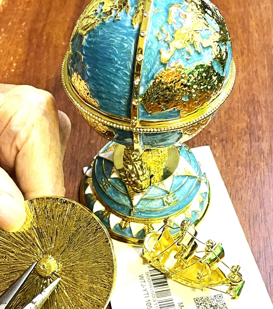 Pierre Lorren Faberge Style Egg 24k Gold Handmade Faberge Christmas Egg Swarovski Twin Fish for Luck Sailboat Symbolism Wisdom & Prosperity
