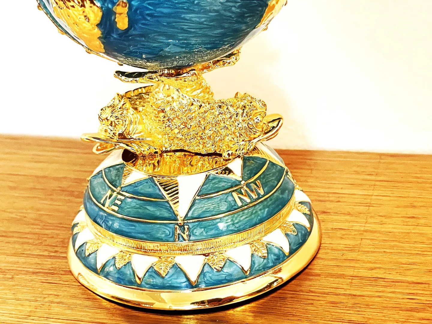 Pierre Lorren Faberge Style Egg 24k Gold Handmade Faberge Christmas Egg Swarovski Twin Fish for Luck Sailboat Symbolism Wisdom & Prosperity