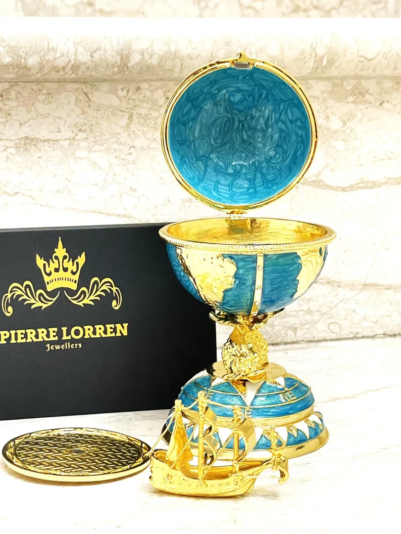 Pierre Lorren Faberge Style Egg 24k Gold Handmade Faberge Christmas Egg Swarovski Twin Fish for Luck Sailboat Symbolism Wisdom & Prosperity