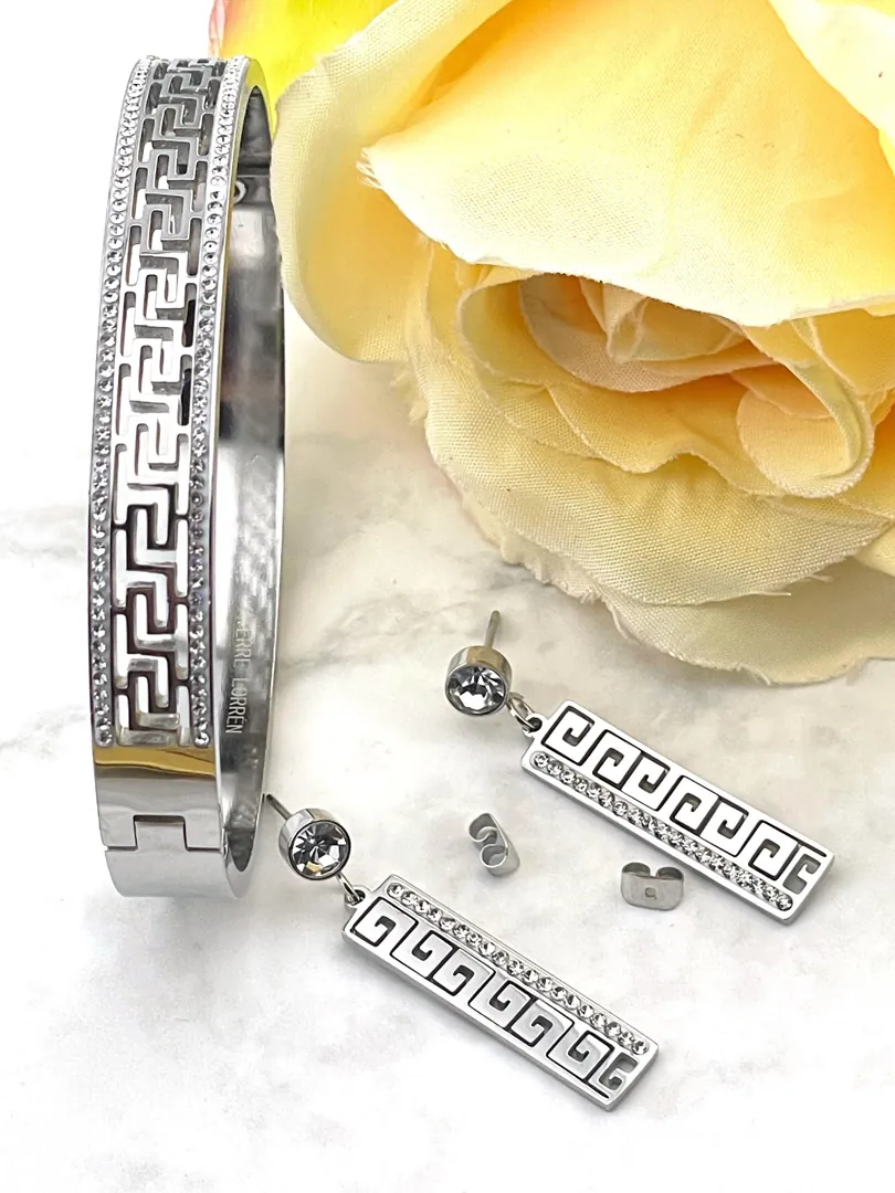 18Kt White Gold Set Ancient Greece Jewelry Greek Meander Set Greek Key Bracelet + Greek Key Earrings Greek Jewelry Good Luck Infinity Set