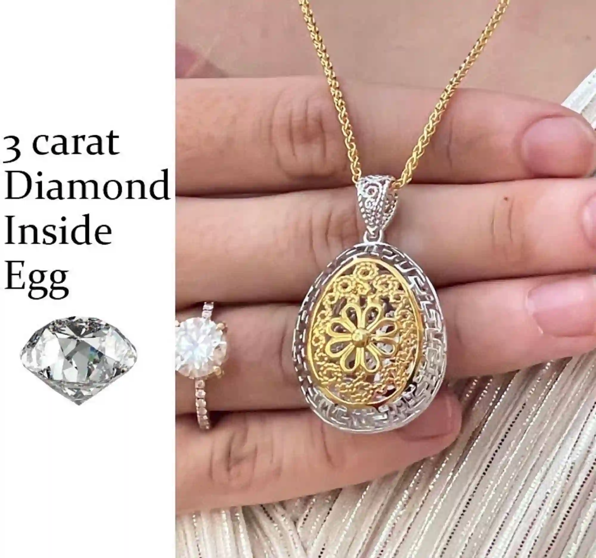 3ct LARGE Gold Diamond Flower Necklace Faberge Egg pendant Sterling Silver SOLID PLATINUM Faberge Egg style Birthday Diamond Neckless 1.6