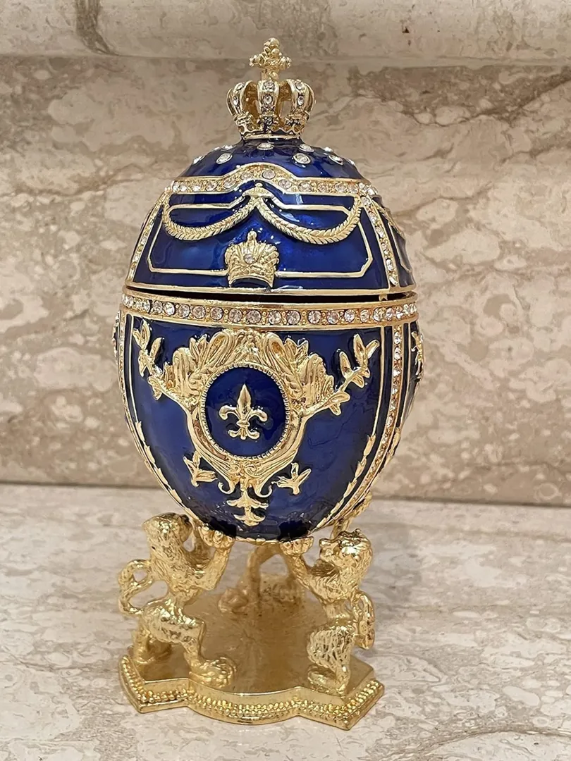 Designer Faberge Style Egg Gift for Him, Sapphire Blue, 24k Gold Faberge Egg, Decorative Boxes, Trinket Box, Handmade, Christmas, Easter, Birthday.