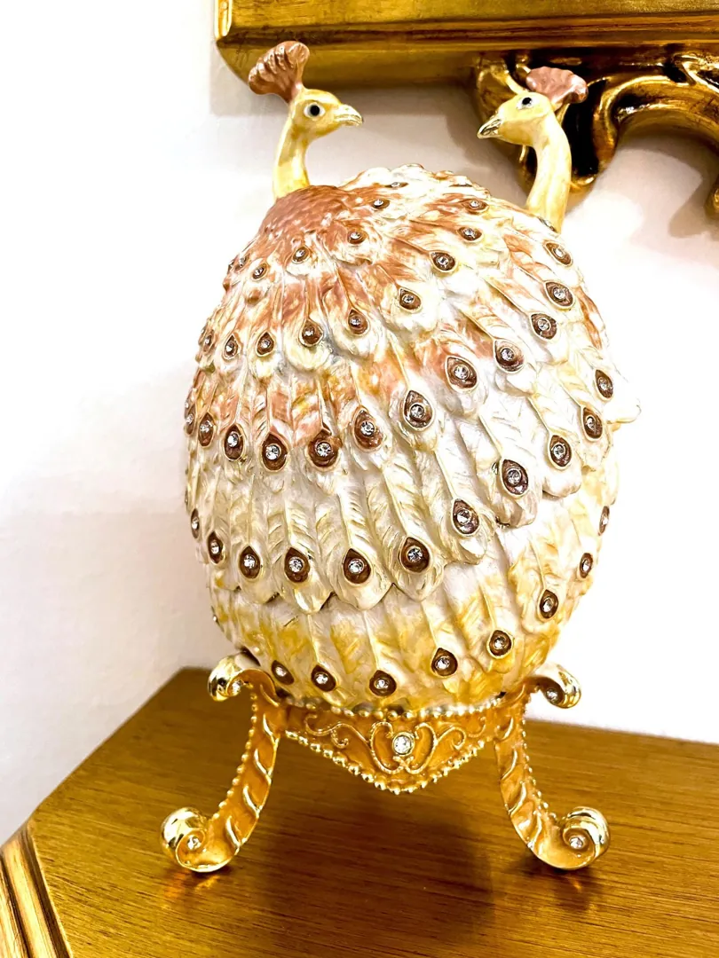 Pierre Lorren Gold Peacock Jewelry Box Faberge Egg Pure Gold Swarovski HANDMADE Faberge Trinket Box & Bracelet Peacock Gifts for Her 7.9