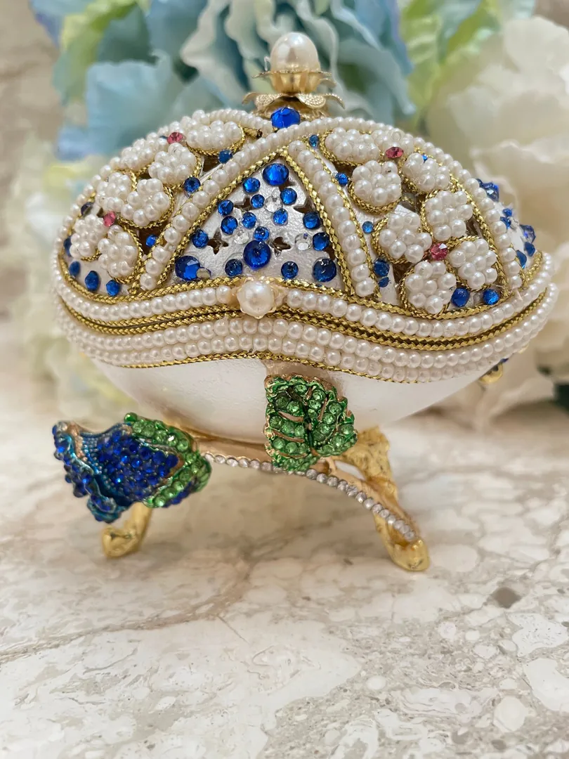 VALENTINE Day gift for her Something Blue FABERGE egg BRIDE-to-be present on Valentine's Day Fabergé egg Handcarved Silk Musical Box present.