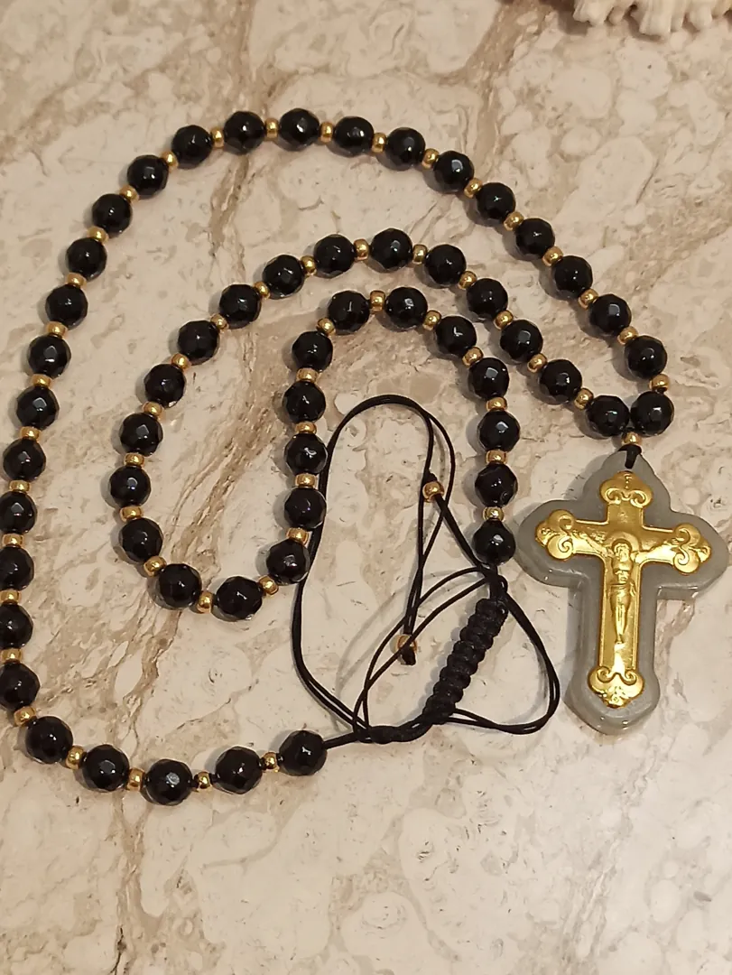 Crucifix Rosary Gemstone Prayer Necklace - ONE Of A Kind Cross - SOLID 18K Gold - 56 NATURAL Onyx Gem - 6mm - Christian Mother Mom Religious Jewelry.
