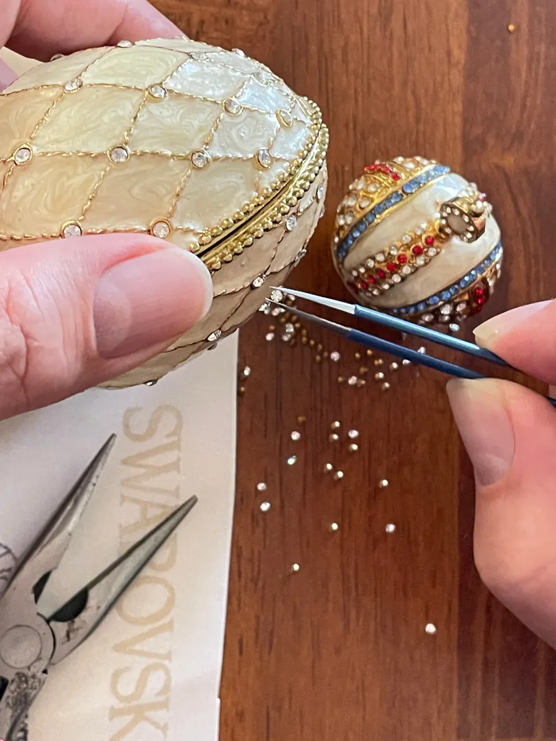 Faberge Egg Decorative Boxes 333 Austrian Crystal Handset Jewelry Box Fabergé Egg Imperial Crown Hideaway Trinket PLUS Faberge Necklace 24k