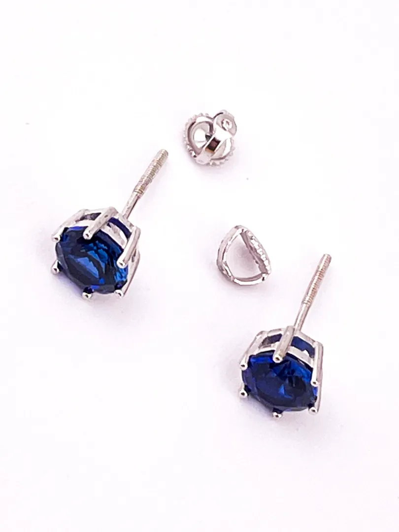 Pierre Lorren Natural Sapphire Blue Earrings Studs 2 Carat Real Sapphire Earrings - Screw on Stud Earrings 6.5mm Anniversary Gift for Woman