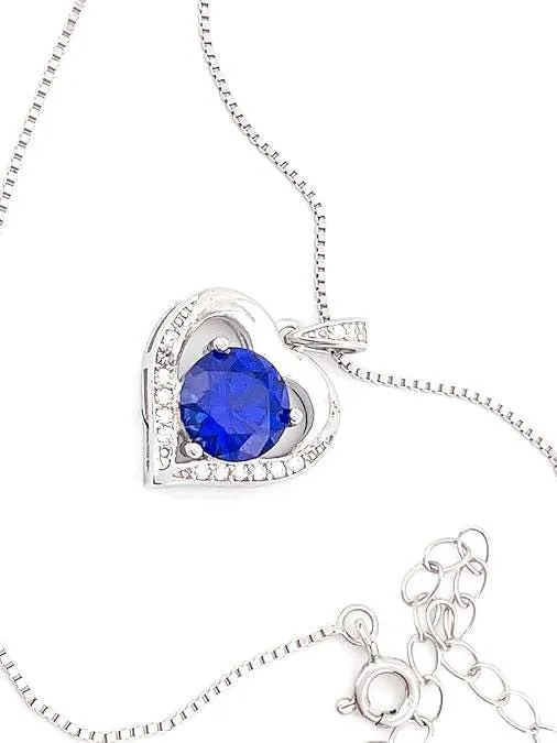 2ct Natural Diamond Sapphire Heart Necklace, Heart Sapphire Necklace, Dainty Sapphire Heart Pendant 18K White Gold Vermeil