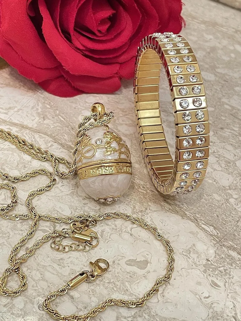 Faberge Egg Pendant Necklace Bracelet SET - Faberge Egg Handmade Greek Jewelry, Faberge Easter Gift - Pure Gold Dec Swarovski - Pierre Lorren