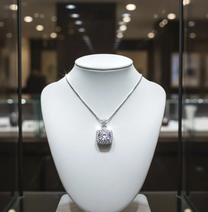 18k White Gold Diamond Solitaire Necklace: Square Pendant