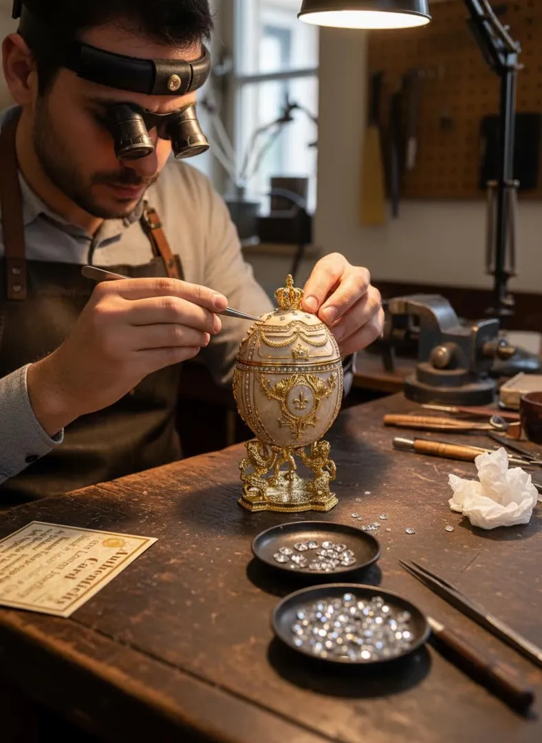 Perla White Faberge Egg Jewelry Box Handmade Russian Easter Egg Fabergé style egg Trinket box – 24k Gold, Swarovski Crystal by Pierre Lorren