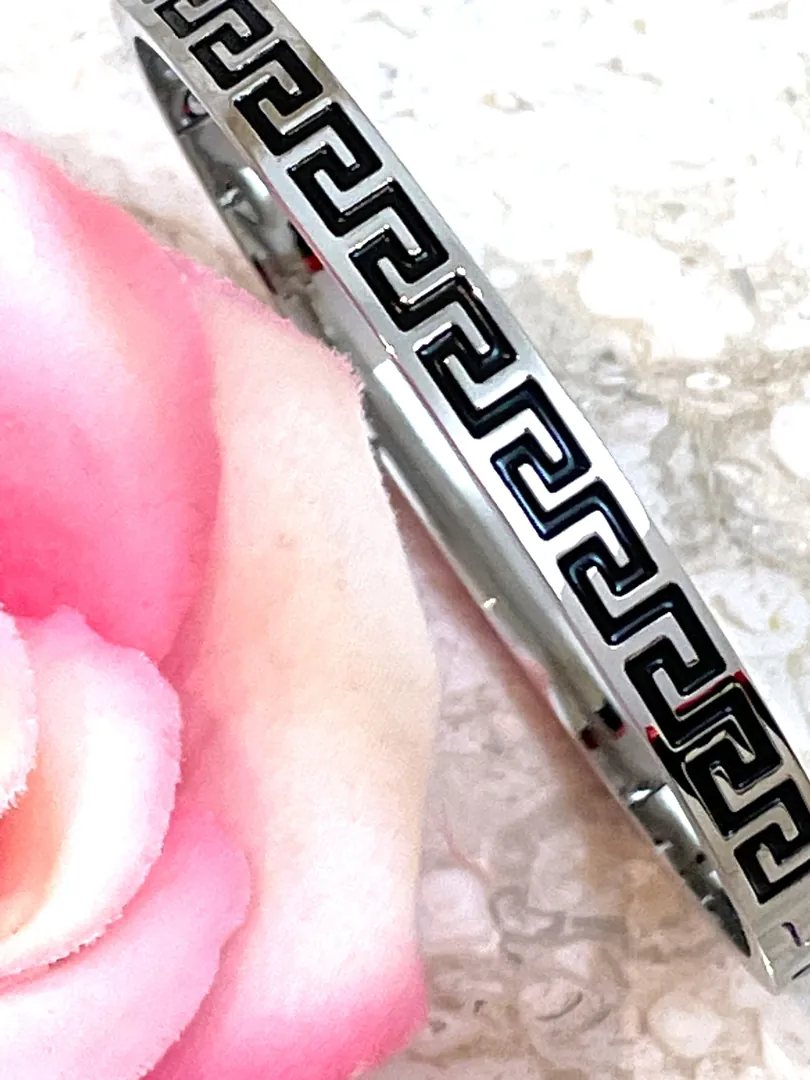 Pierre Lorren Ancient Greek Key Bracelet, Meander Bracelet, Greek Key Jewelry, Handmade Grecian Jewelry, Statement Bracelet, Silver, White Gold.