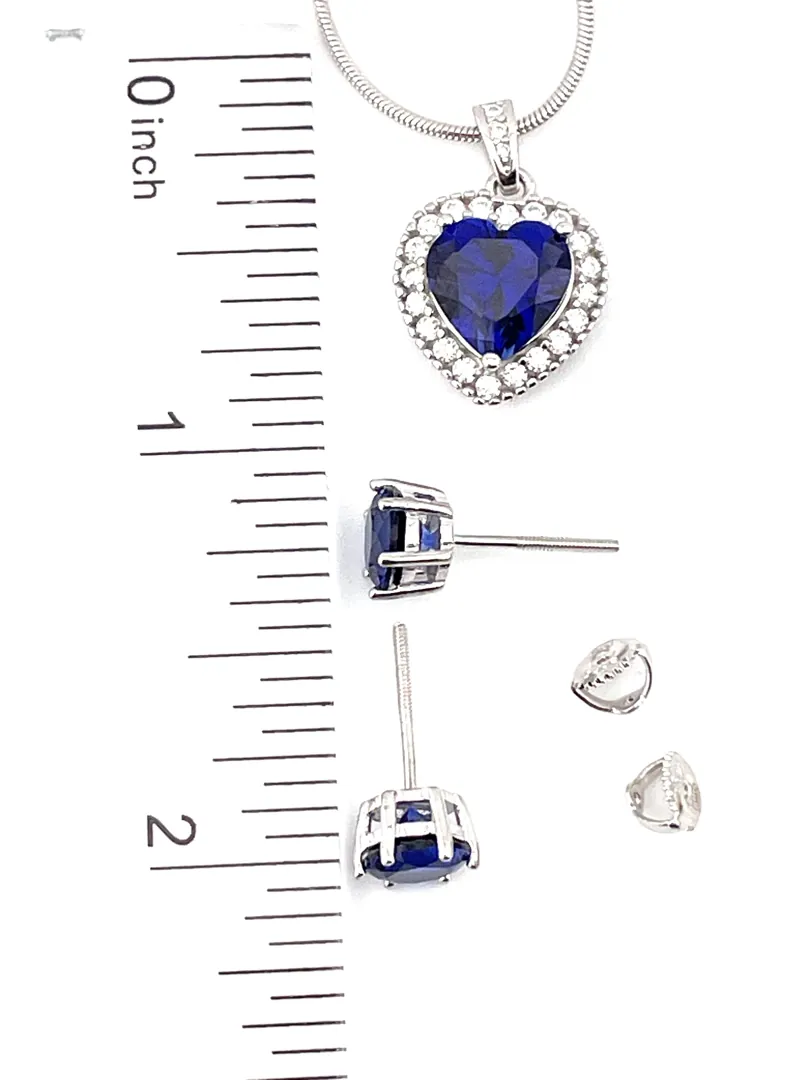 Certified Diamond Natural Sapphire Heart Pendant Necklace Earrings Jewelry Set: Handmade by Pierre Lorren