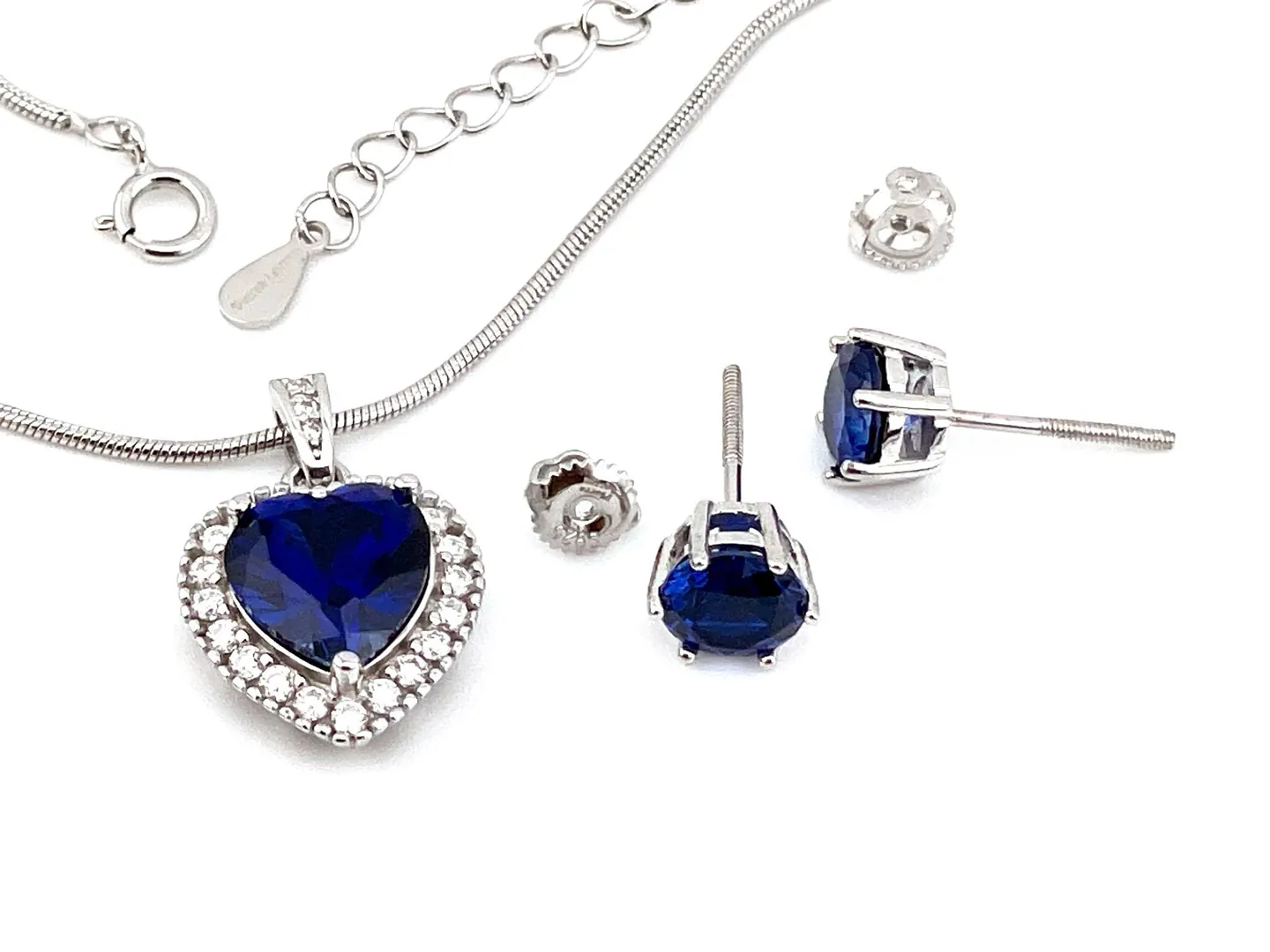 Certified Diamond Natural Sapphire Heart Pendant Necklace Earrings Jewelry Set: Handmade by Pierre Lorren