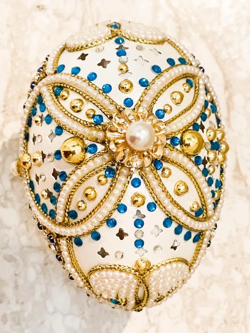 Pierre Lorren - Faberge Egg Music Box - Faberge Style Egg Trinket Boxes - Silk Interior - Topaz & Pure Gold Decor Natural Egg Handmade 1985