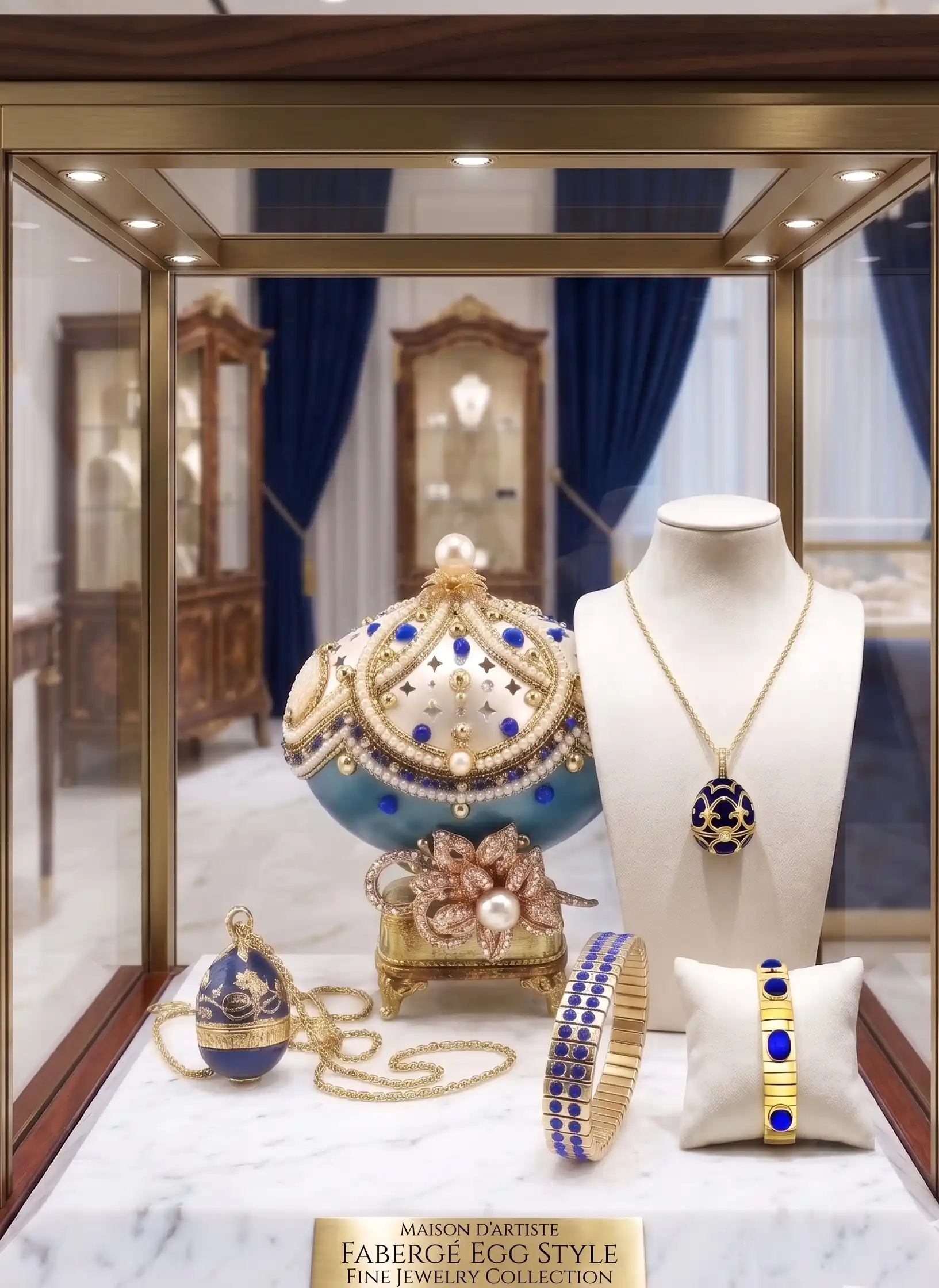 1985 One Only - Blue Faberge-Style Egg Luxurious Wedding SET Gift NATURAL HAND Carved Faberge Egg Style Ring Bearer box for wedding 24k Christmas Gift for her Plus FAberge egg Necklace Bracelet & Fine Jewelry Blue 18k Sterling Silver Faberge egg Pendant