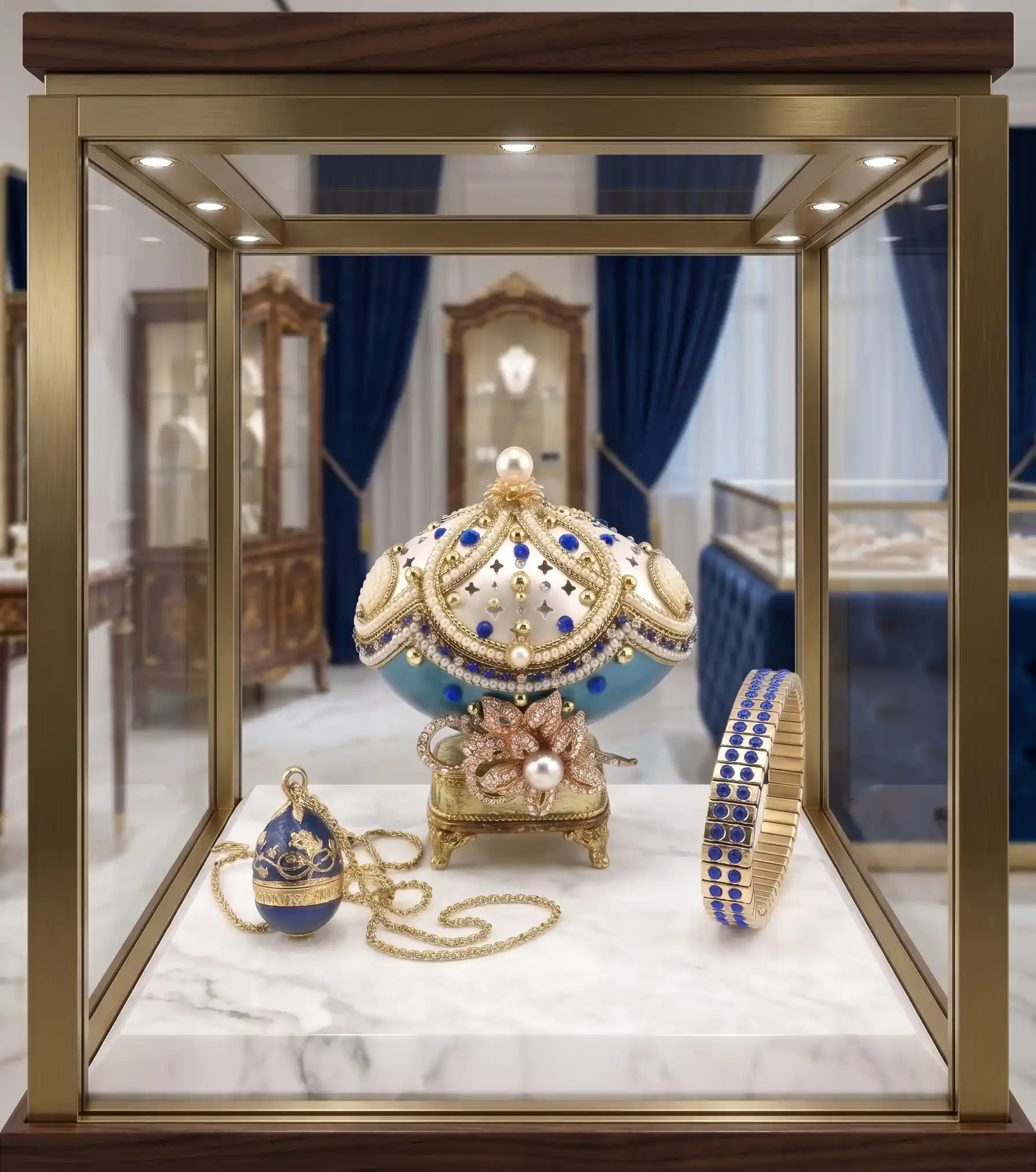 1985 One Only - Blue Faberge-Style Egg Luxurious Wedding SET Gift NATURAL HAND Carved Faberge Egg Style Ring Bearer box for wedding 24k Christmas Gift for her Plus FAberge egg Necklace Bracelet & Fine Jewelry Blue 18k Sterling Silver Faberge egg Pendant